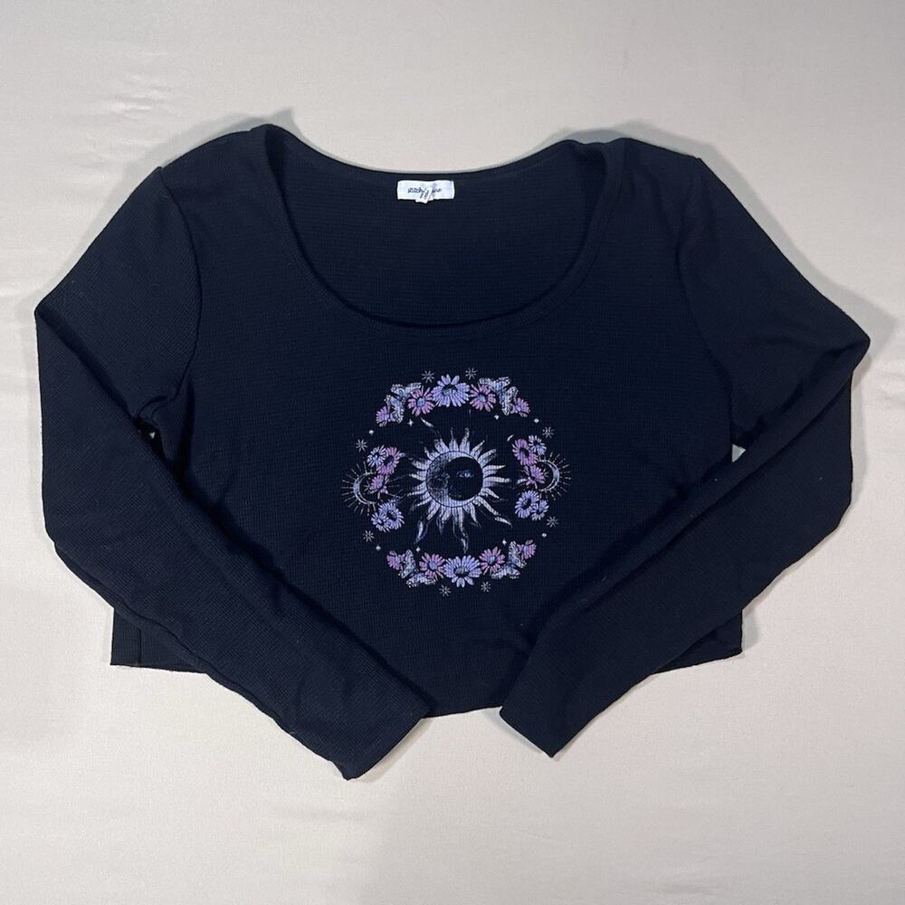 Womens XL Black Waffle Knit Celestial Sun Moon Floral Crop Top Whimsigth